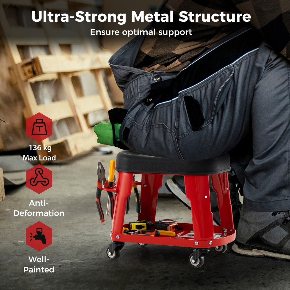 The red rolling stool with equipment tray and tool holder, showing its ultra-strong metal structure