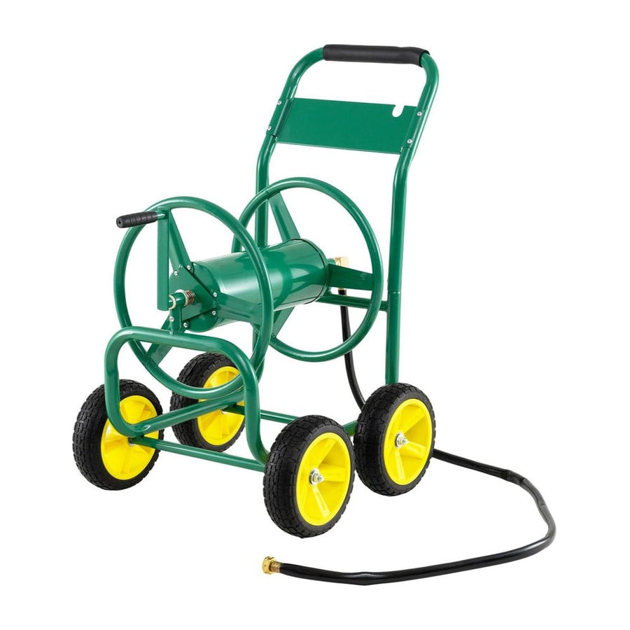 Garden Hose Reel Cart with four wheels and a handle, green with yellow wheels