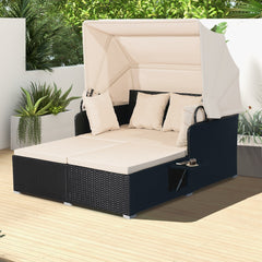Garden Rattan Daybed with Retractable Canopy and Cushions-Beige