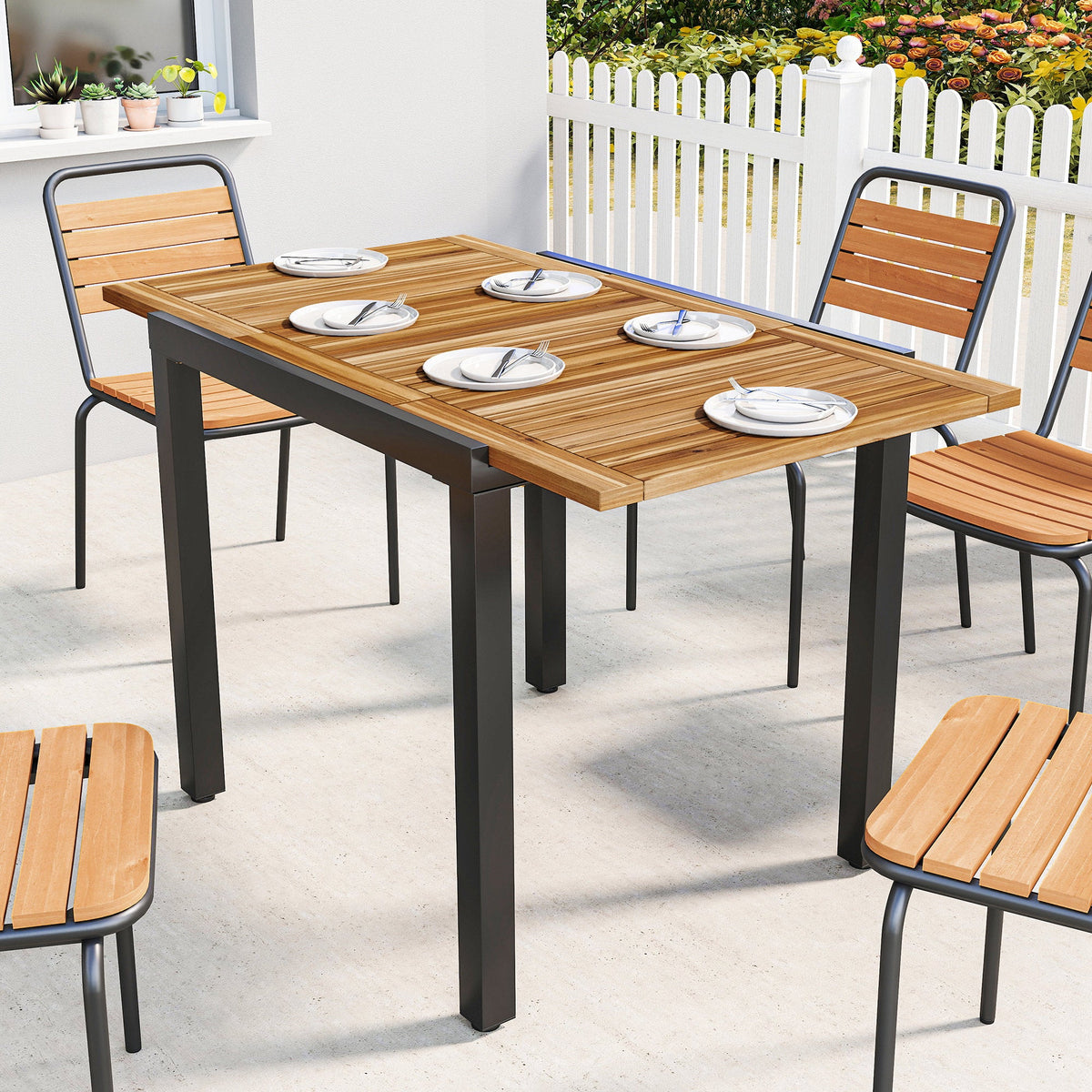 Outsunny Patio Dining Table Expandable Outdoor Dining Table Acacia Wood Top 80-120 cm Natural and Black