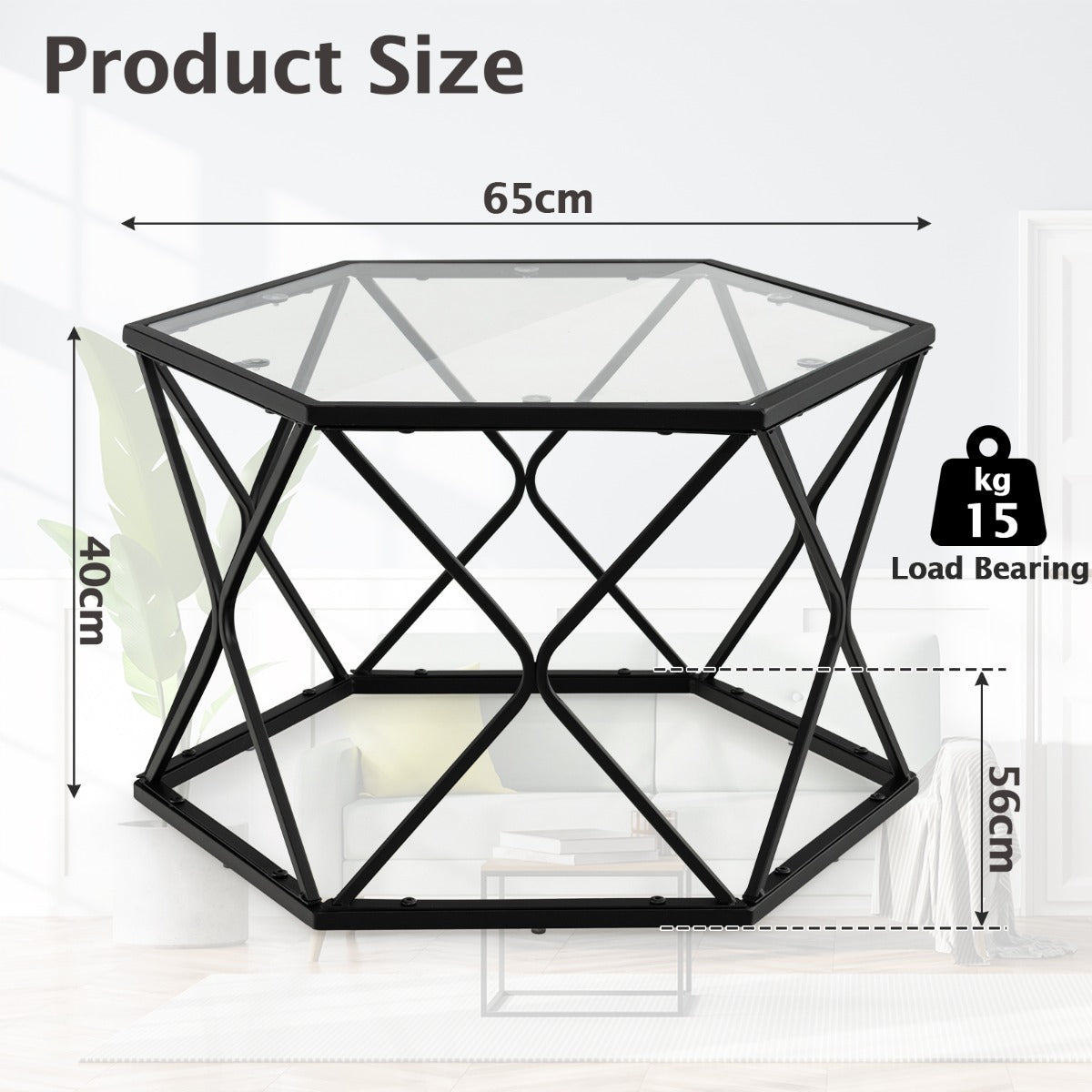 Modern Accent Geometric Glass Coffee Table with Solid Metal Frame-Black
