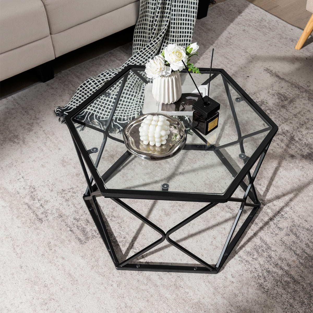 Modern Accent Geometric Glass Coffee Table with Solid Metal Frame-Black