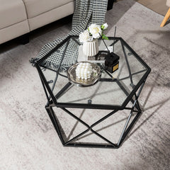 Modern Accent Geometric Glass Coffee Table with Solid Metal Frame-Black