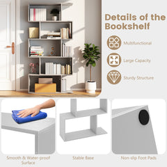 Geometric S-Shaped Bookcase, the grey shelving unit with close-up panels showing surface and foot details