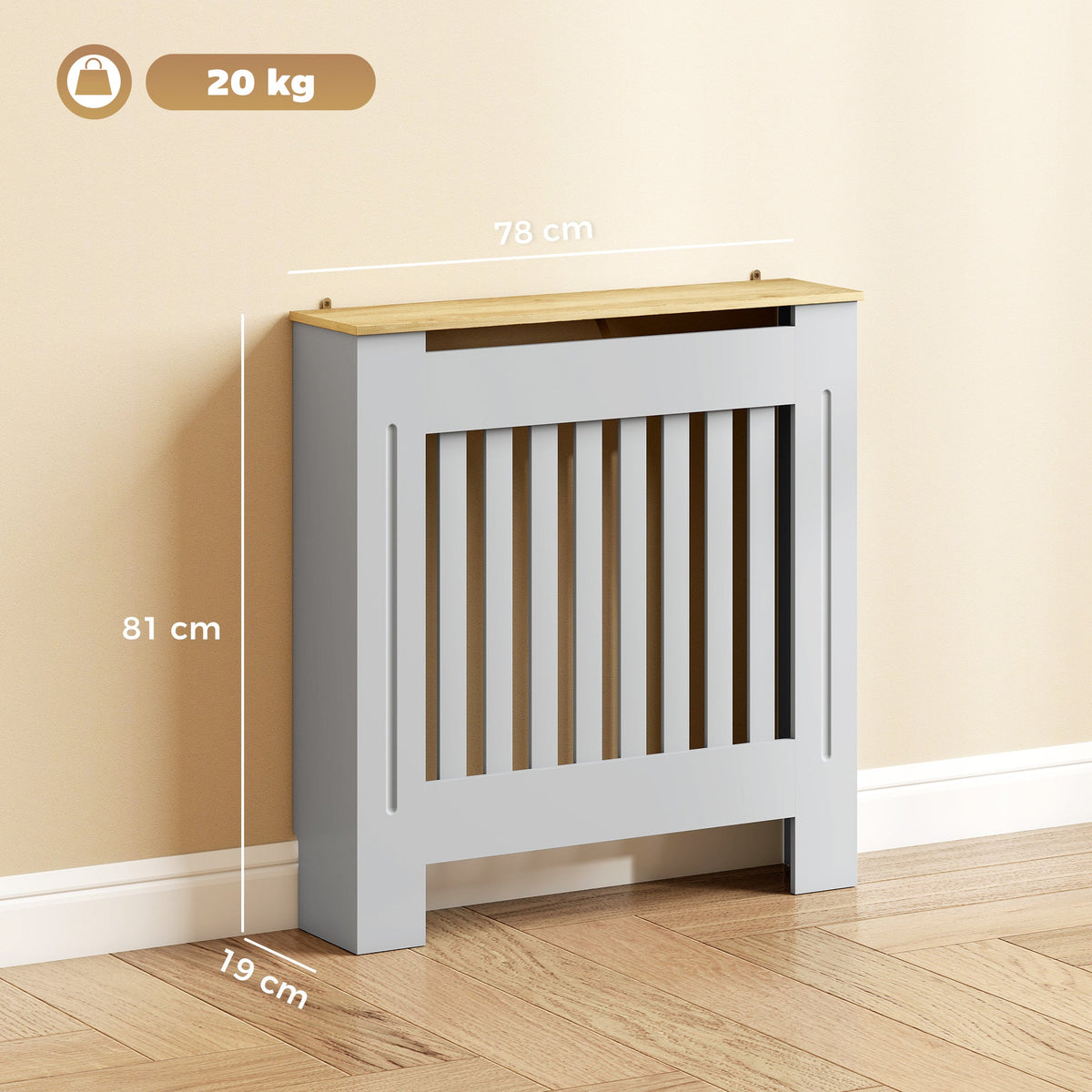 HOMCOM Heater Cover, Radiator Cover Slatted Painted MDF Lined Grill Grey, 78L x 19W x 81H cm