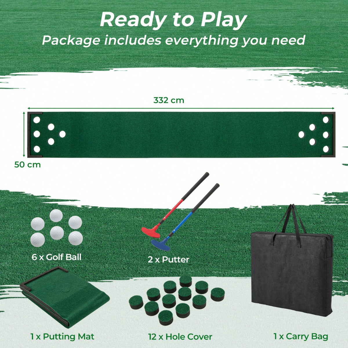 11 FT Indoor Outdoor Putting Green Mat with 2 Adjustable Putters