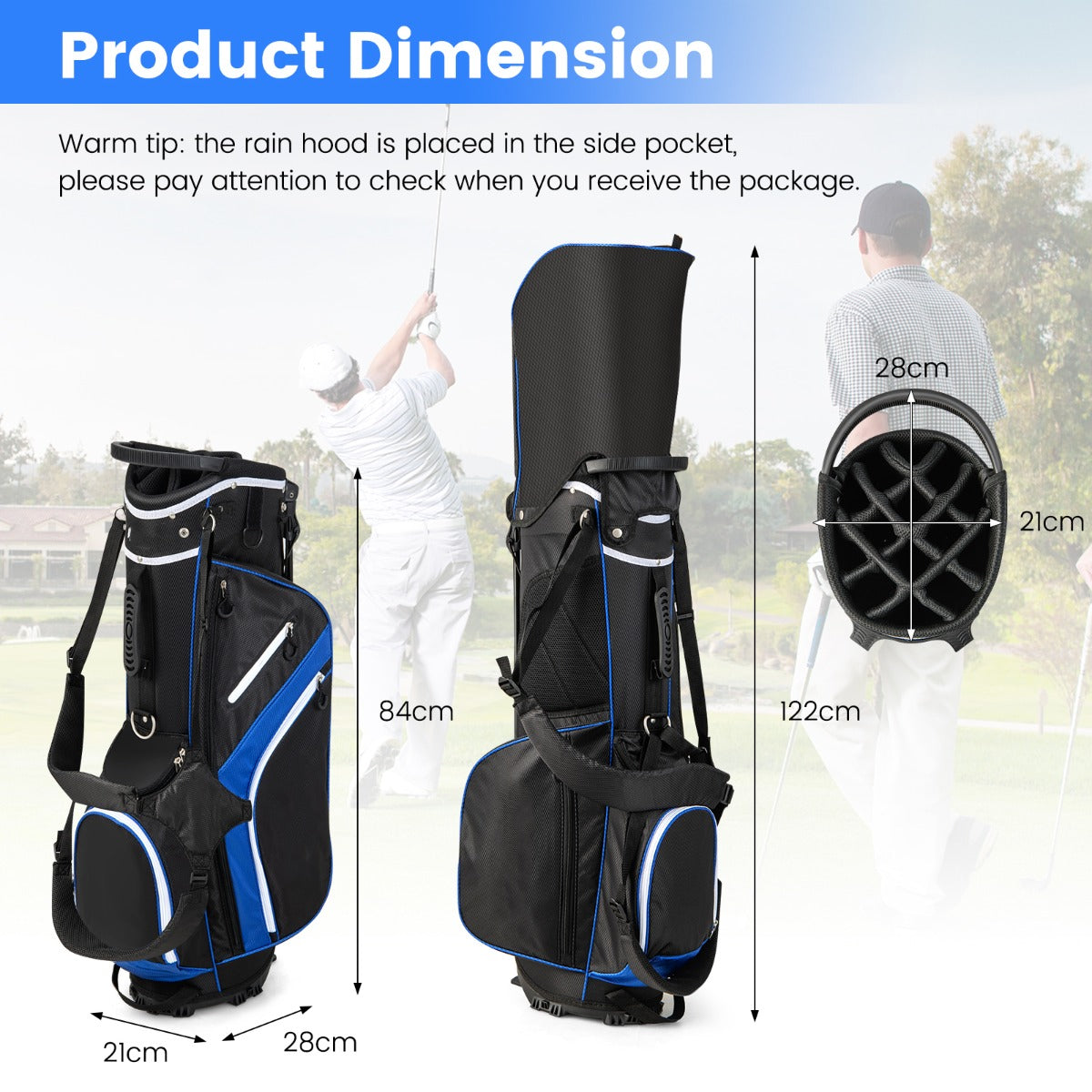 Golf Stand Bag wIth 14 Way Top Dividers 6 Pockets Cooler Bag Dual Strap and Rain Hood-Blue