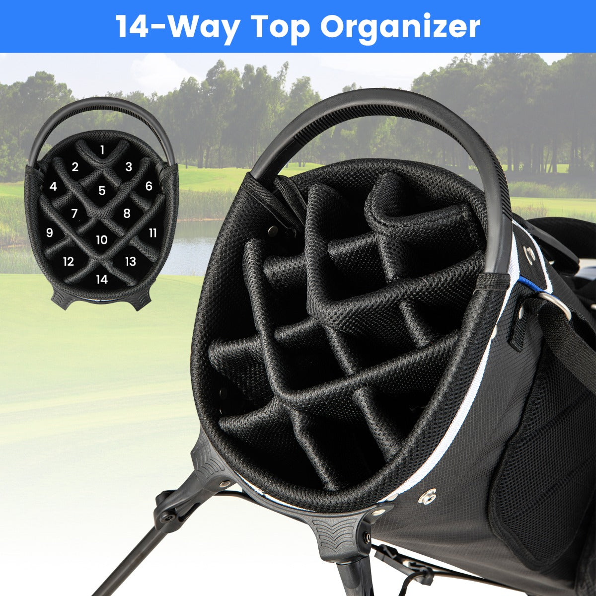 Golf Stand Bag wIth 14 Way Top Dividers 6 Pockets Cooler Bag Dual Strap and Rain Hood-Blue