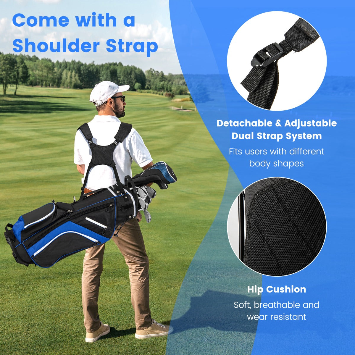 Golf Stand Bag wIth 14 Way Top Dividers 6 Pockets Cooler Bag Dual Strap and Rain Hood-Blue