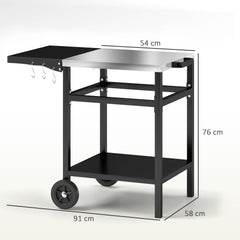 Outsunny BBQ Trolley with Stainless Steel Top and Foldable Side Table, Outdoor Kitchen Barbecue Station with Hooks and Shelf, Pizza Oven Table Movable Outdoor Grill Dining Cart with Cover, Black