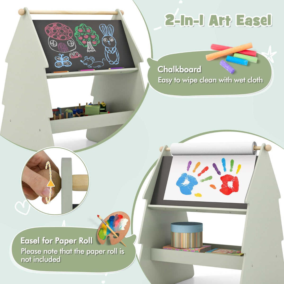 2-in-1 Double-sided Kids Art Easel with Stool and Paper Roll Holder-Green