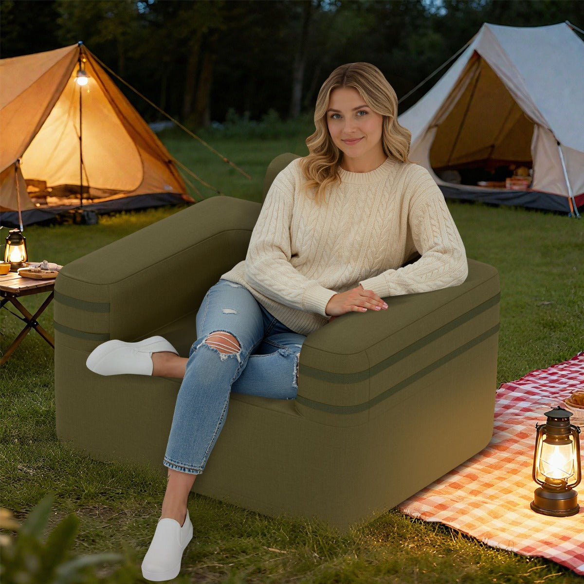 Inflatable Camping Chair Portable Sofa Chair with Built-in Air Pump-Green