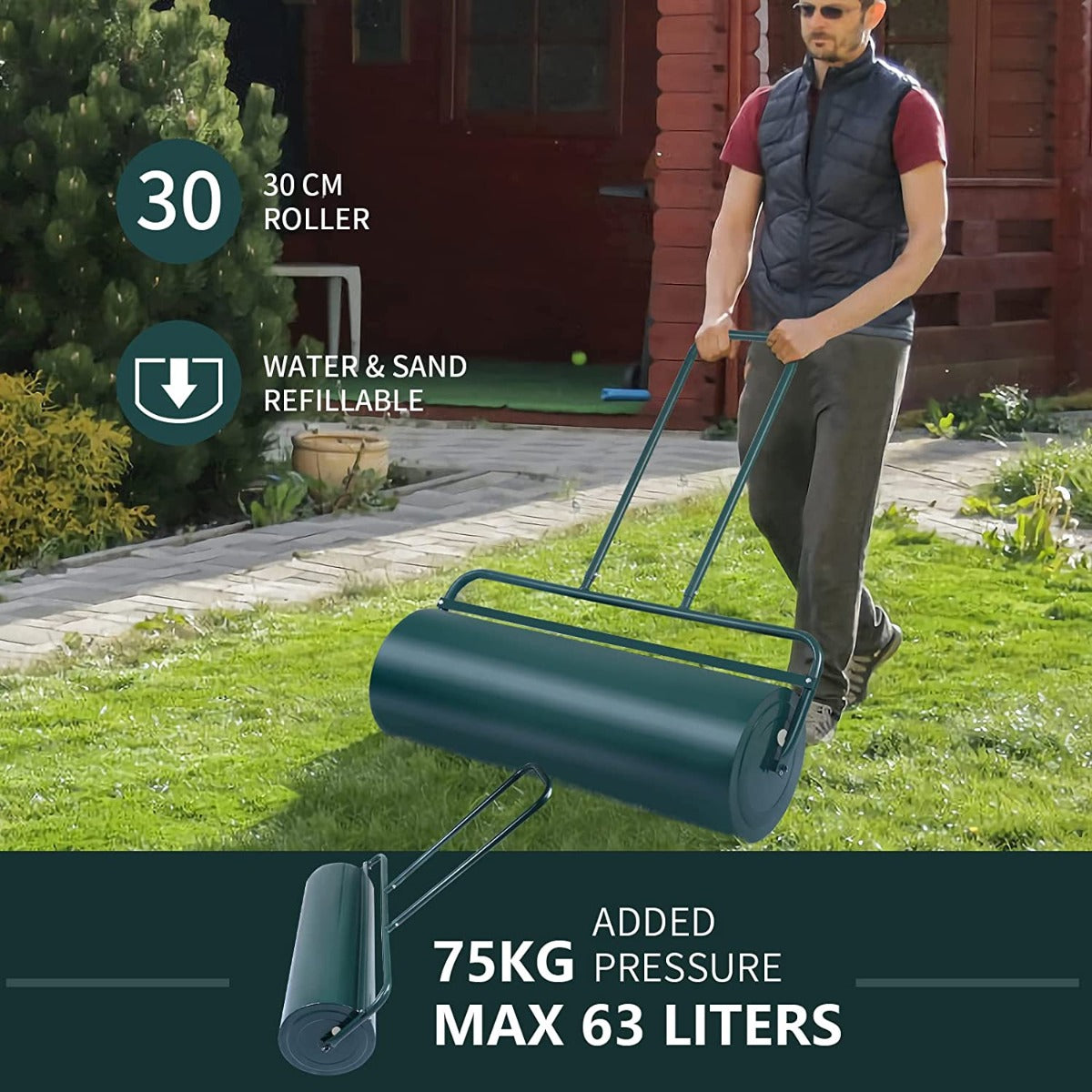 63L Heavy-Duty Garden Grass Roller with U-shaped Handle-Green