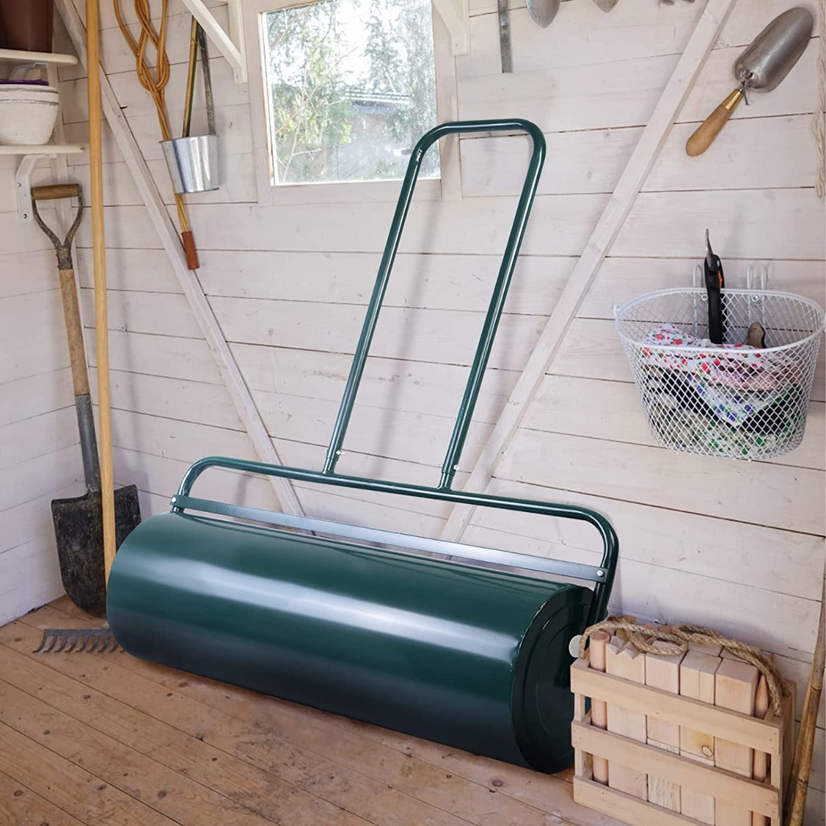 63L Heavy-Duty Garden Grass Roller with U-shaped Handle-Green