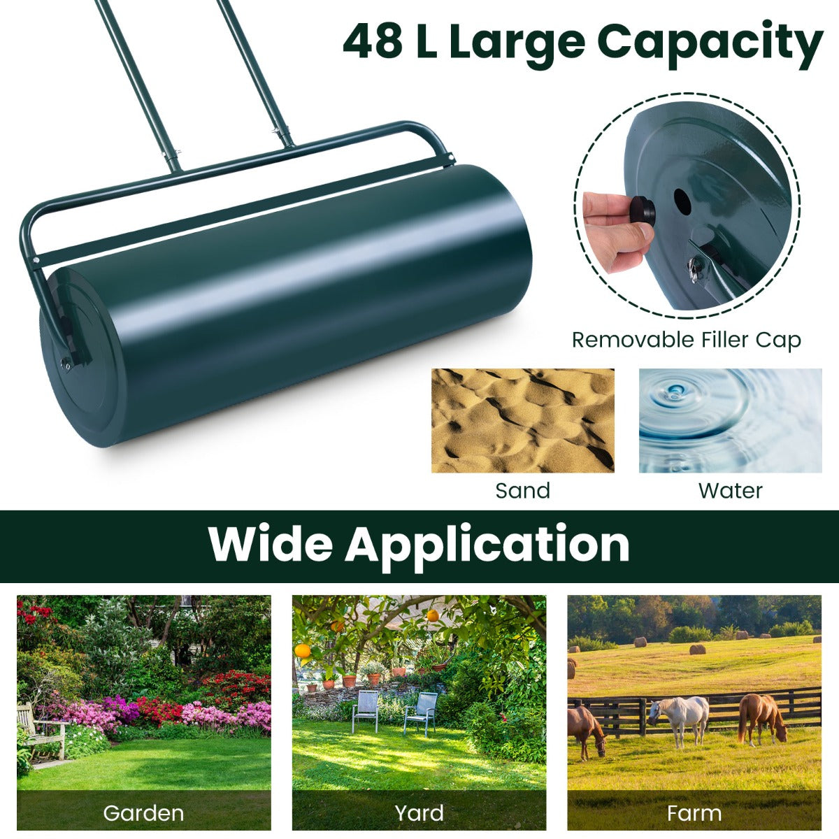 48 L Lawn Roller Steel Lawn Rolling Machine-Green
