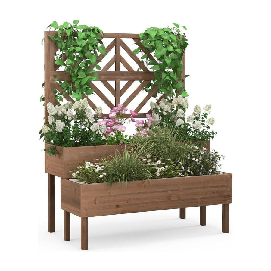 2-Tier Raised Garden Bed with Trellis and Drainage Hole-Brown