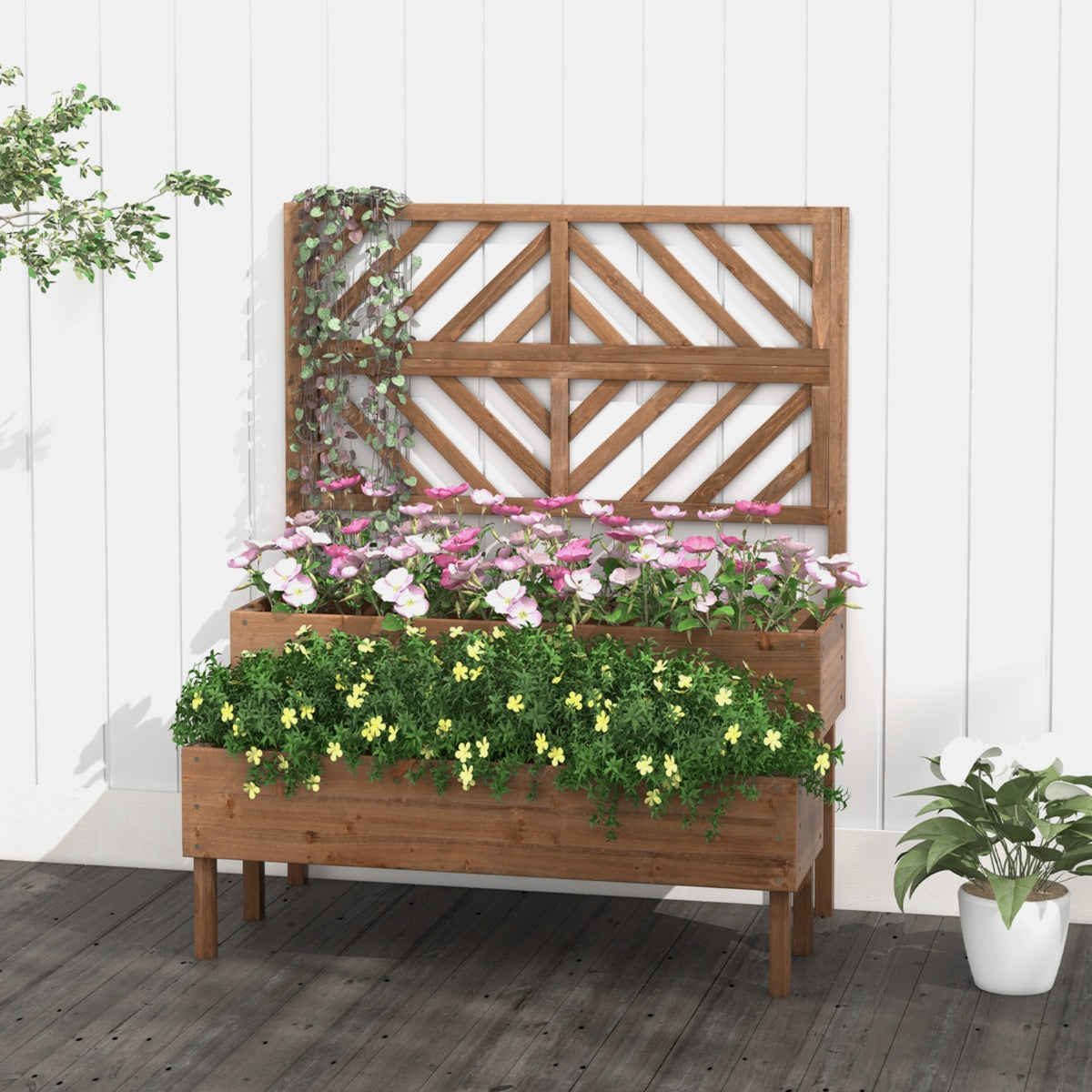 2-Tier Raised Garden Bed with Trellis and Drainage Hole-Brown