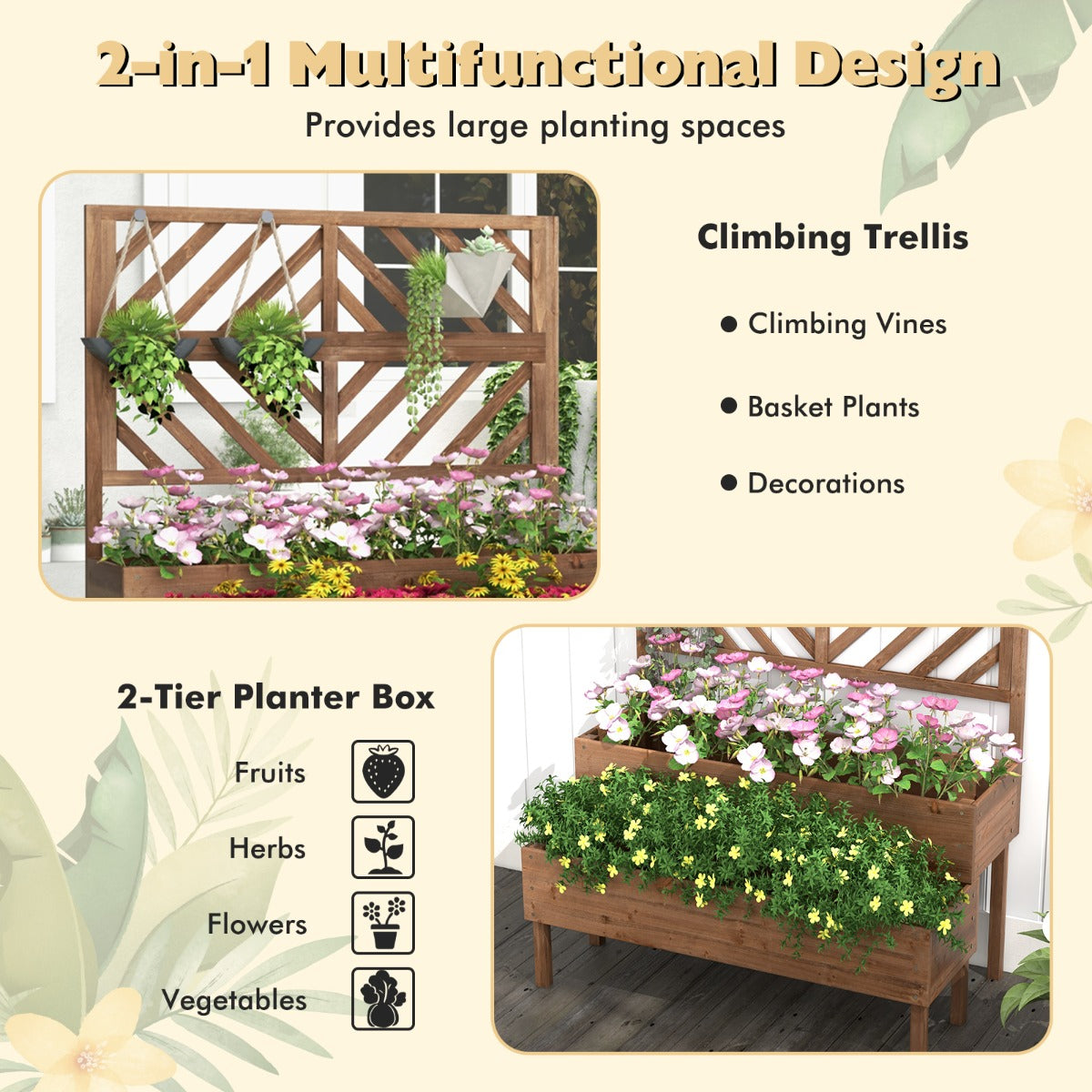 2-Tier Raised Garden Bed with Trellis and Drainage Hole-Brown