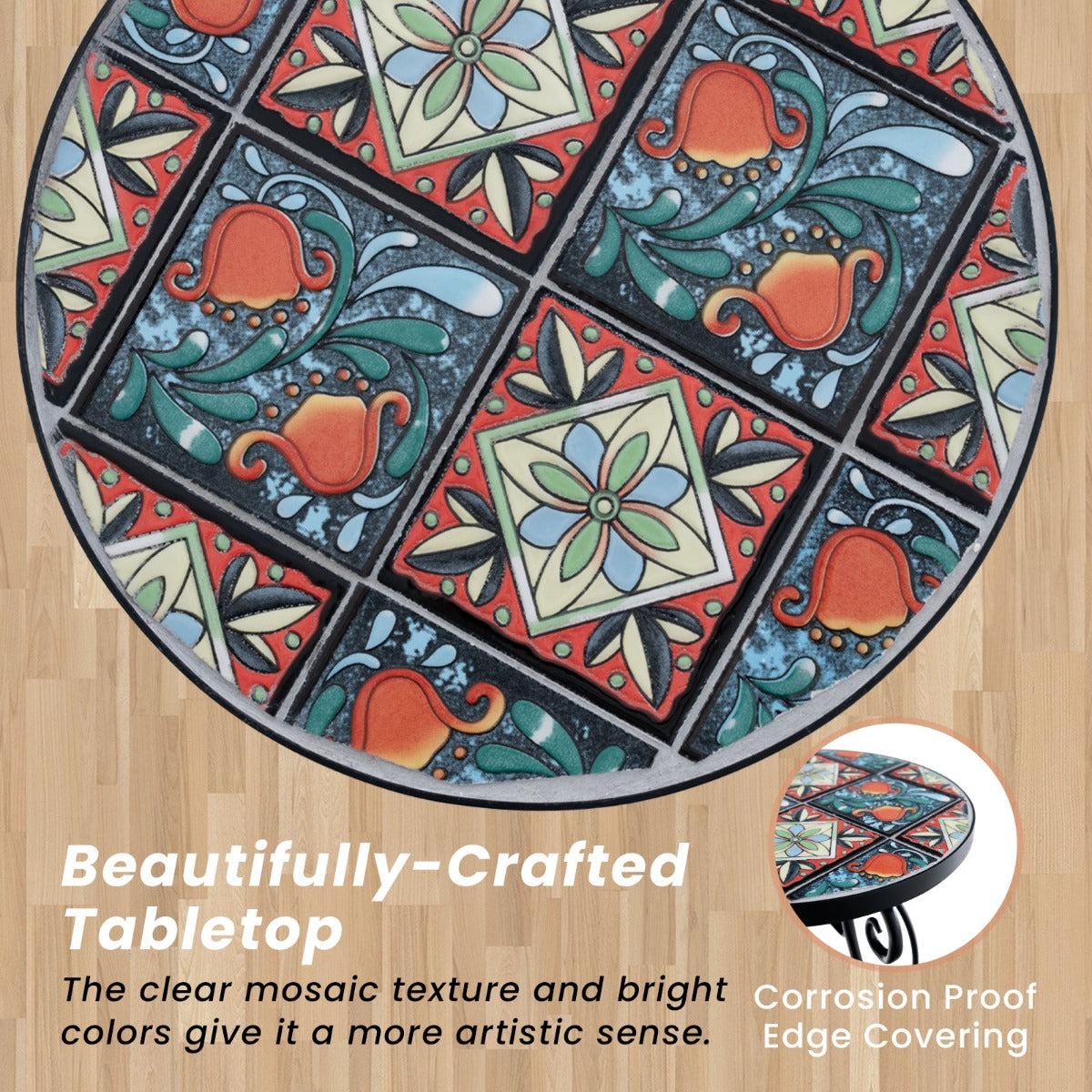 Outdoor Mosaic Round Plant Stand with Ceramic Tile Top