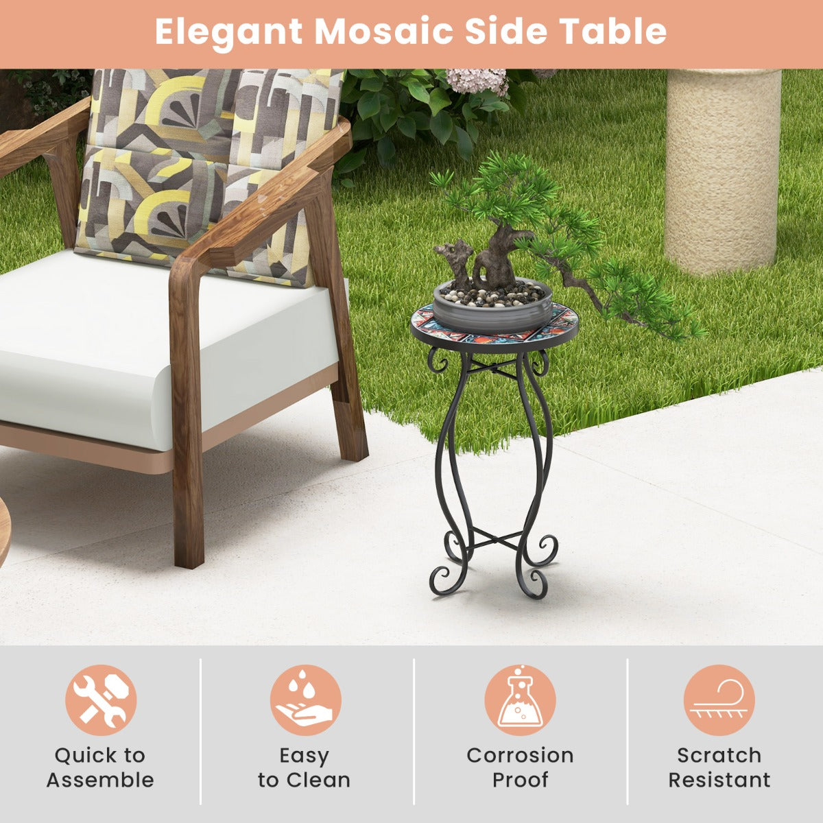 Outdoor Mosaic Round Plant Stand with Ceramic Tile Top
