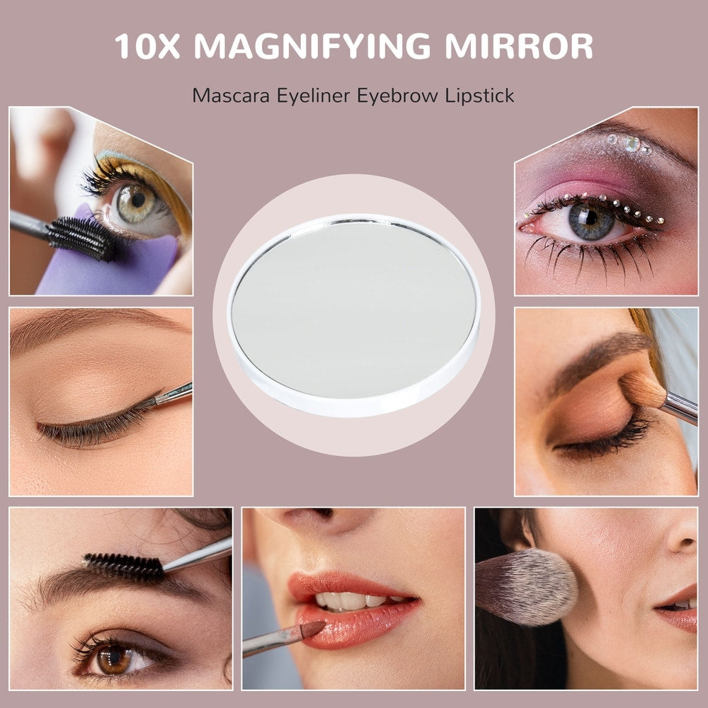 Close up of the 10x magnifying mirror and various makeup applications