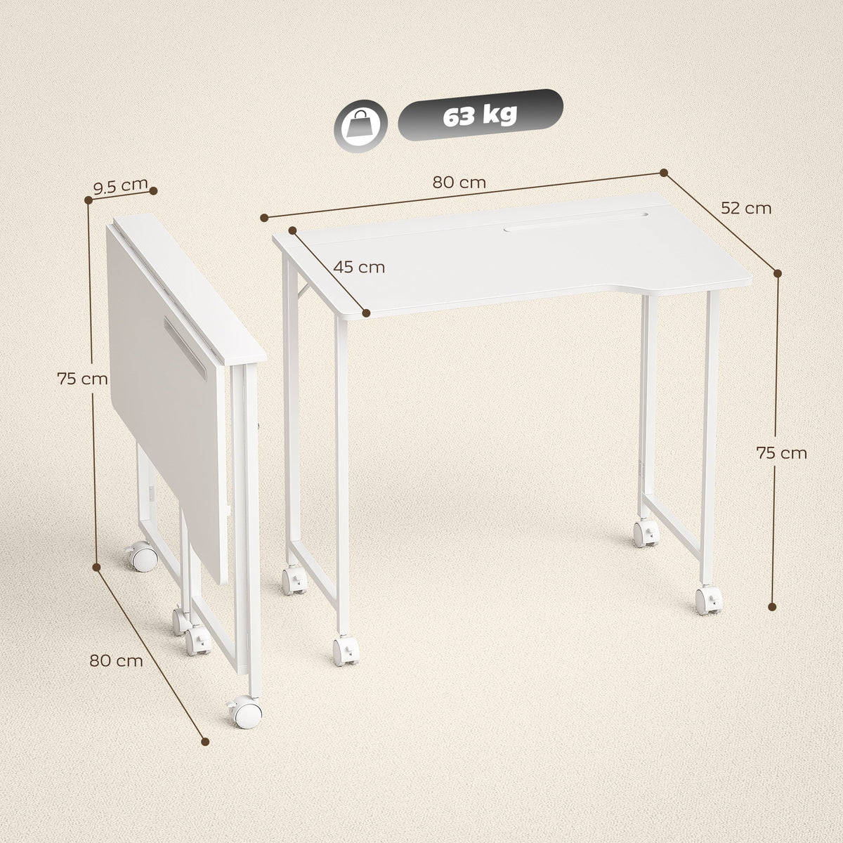 HOMCOM Small Folding Desk, with Wheels - White Wood-Effect