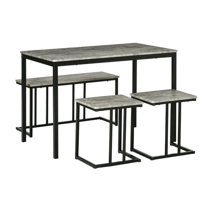 HOMCOM Dining Table and Chairs Set for 4 People, Concrete Effect Kitchen Table and Bench Set with Steel Frame, 4 Piece Dining
