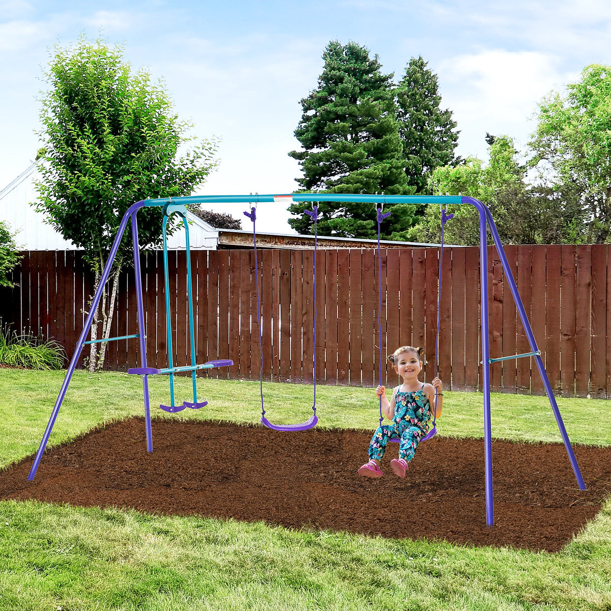 Outsunny Metal Swing Set, with Seesaw, Adjustable Height, for Ages 3+ Years, Purple