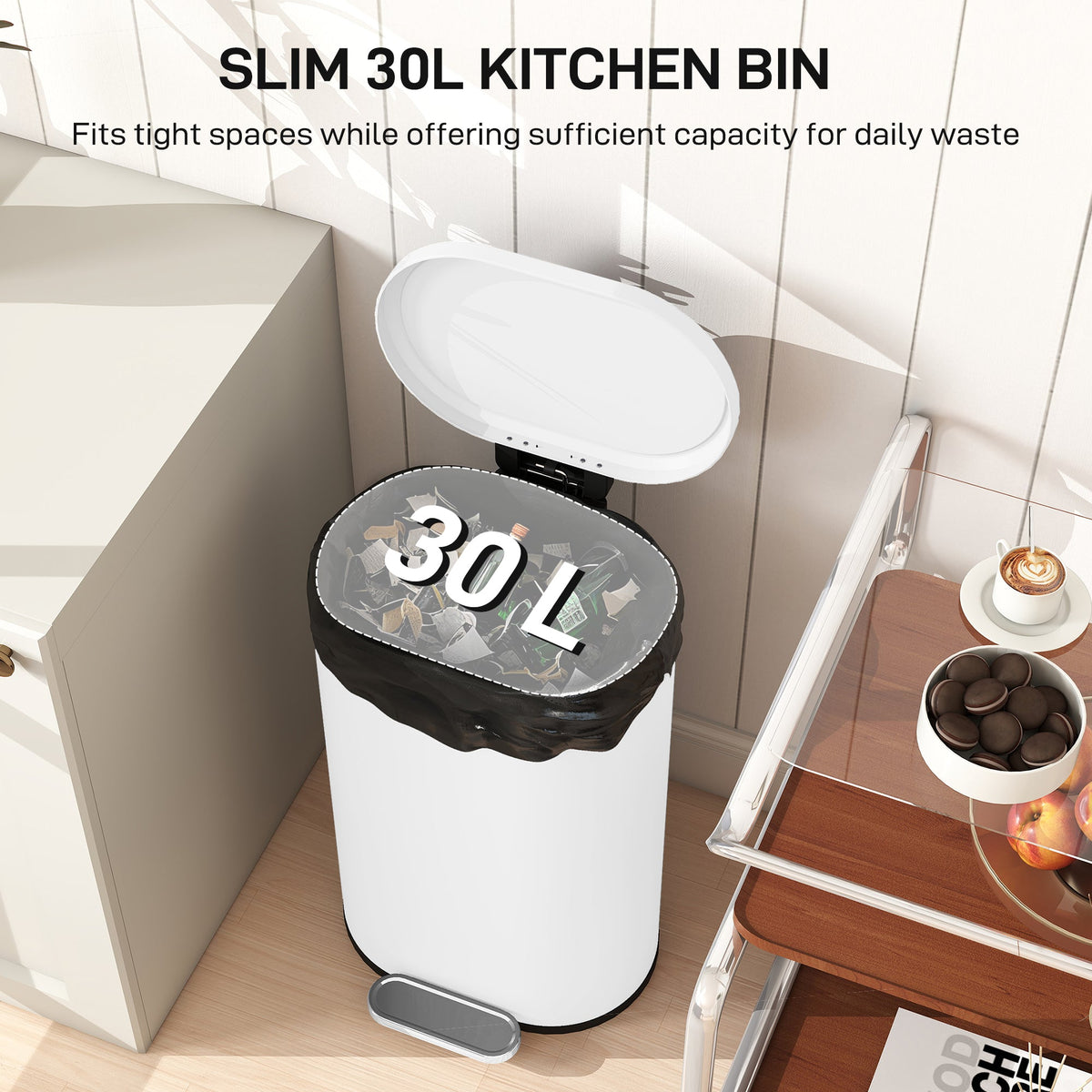 HOMCOM 30 L Modern Curved Kitchen Bin - White