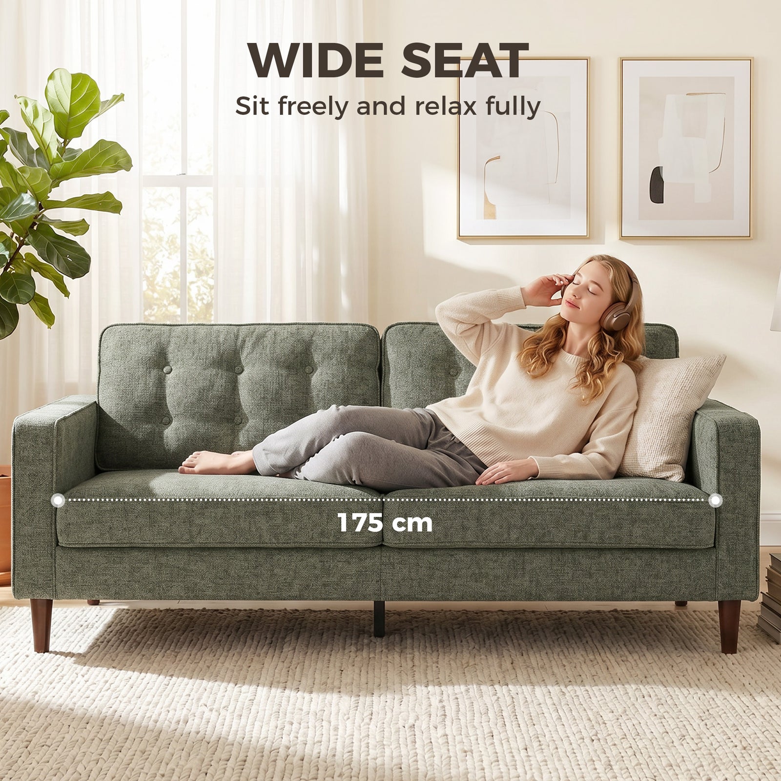 HOMCOM 3 Seater Sofa Button Tufted Upholstered Couch with Wood Legs for Living Room, Green