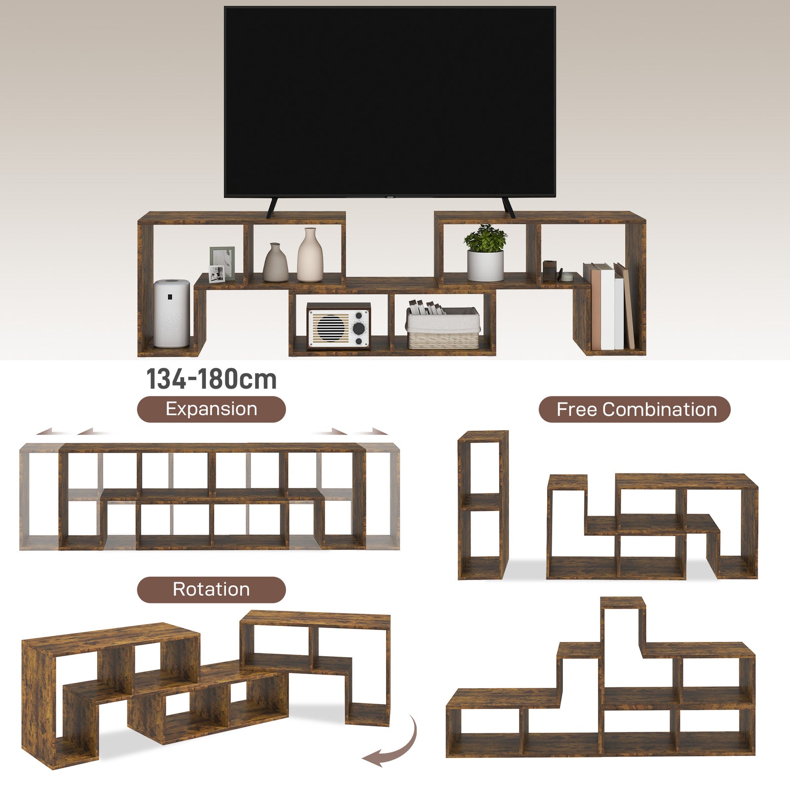 HOMCOM Three-Block Modular TV Stand - Rustic Brown