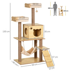 PawHut 130cm Cat Tree for Indoor Cats, Multi-Level Plush Cat Tower, with Five Scratching Posts, Two Perches, Cat House