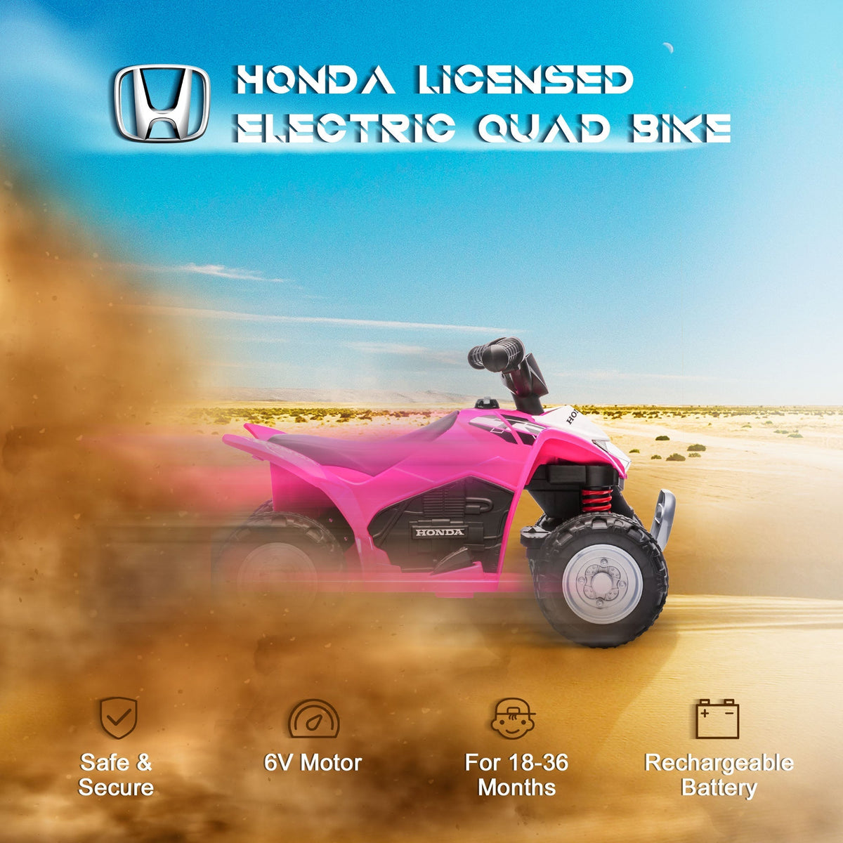 AIYAPLAY Honda Licensed Kids Electric Quad Bike, 6V ATV Ride On for Ages 1.5-3 Years, Pink