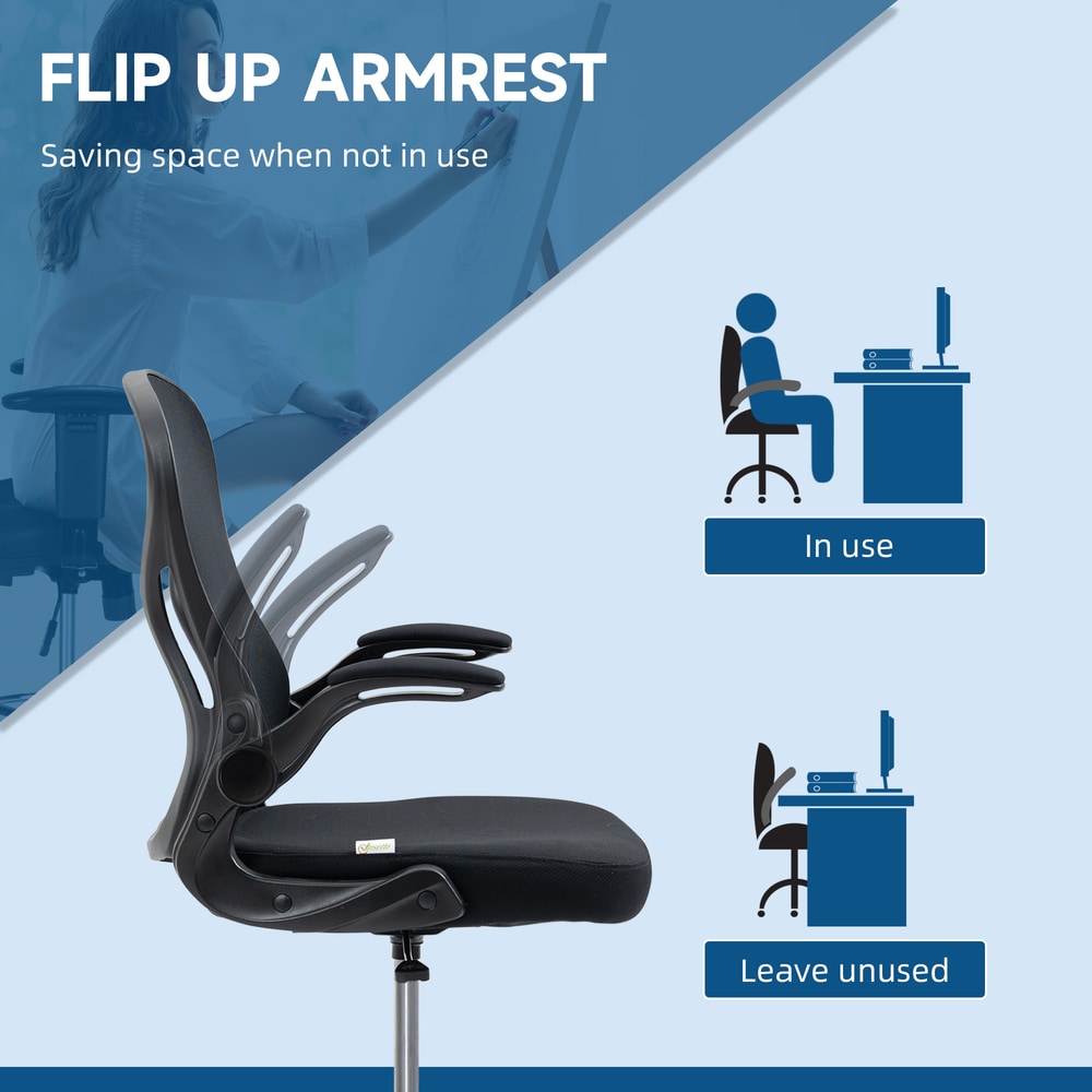 The office chair showing how the armrests flip up to save space under a desk