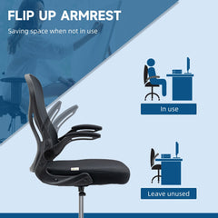 The office chair showing how the armrests flip up to save space under a desk