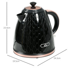 A black honeycomb kettle with rose gold trim shown with dimensions