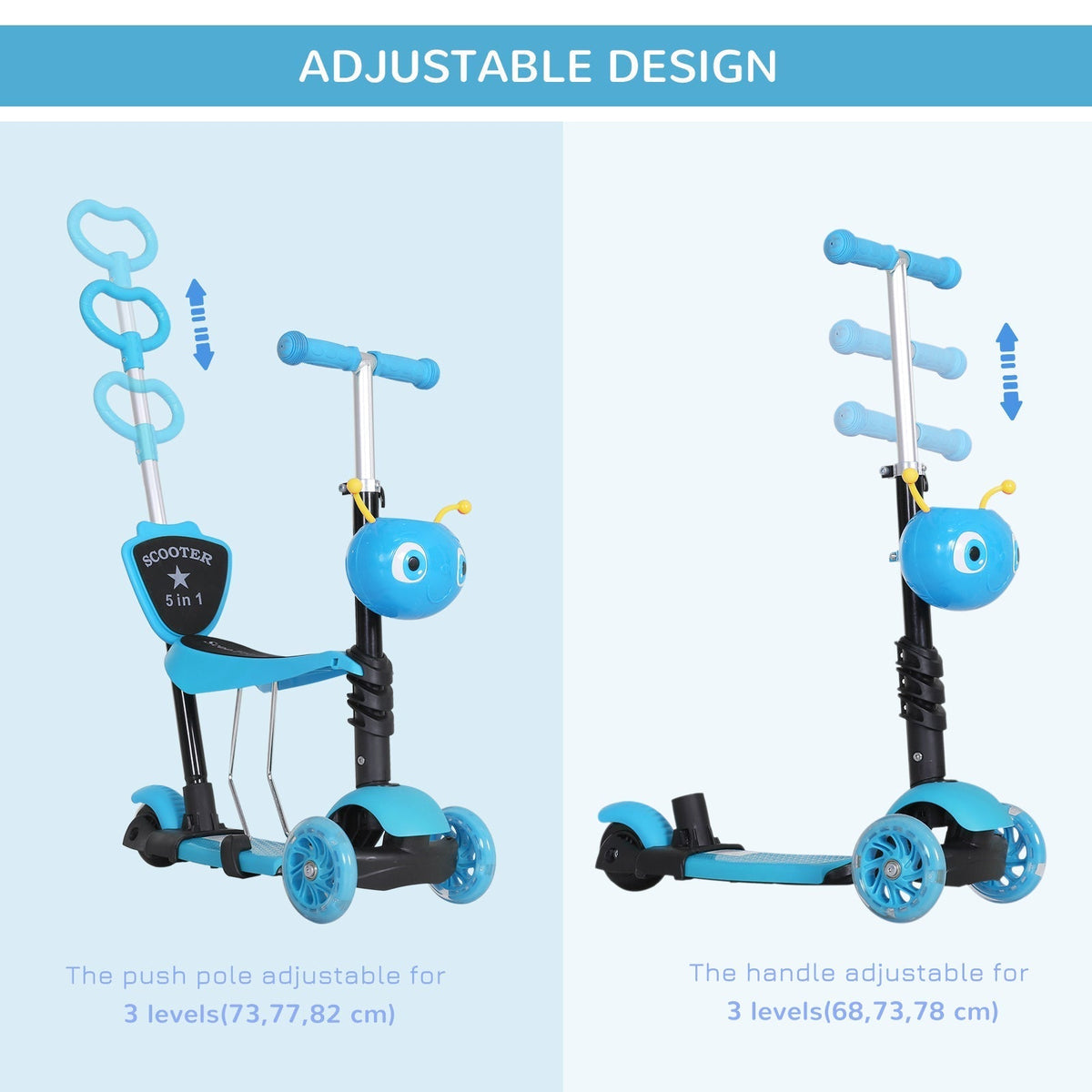 HOMCOM Adjustable Kids Toddler Scooter, with Removable Seat, Back Handle, Blue