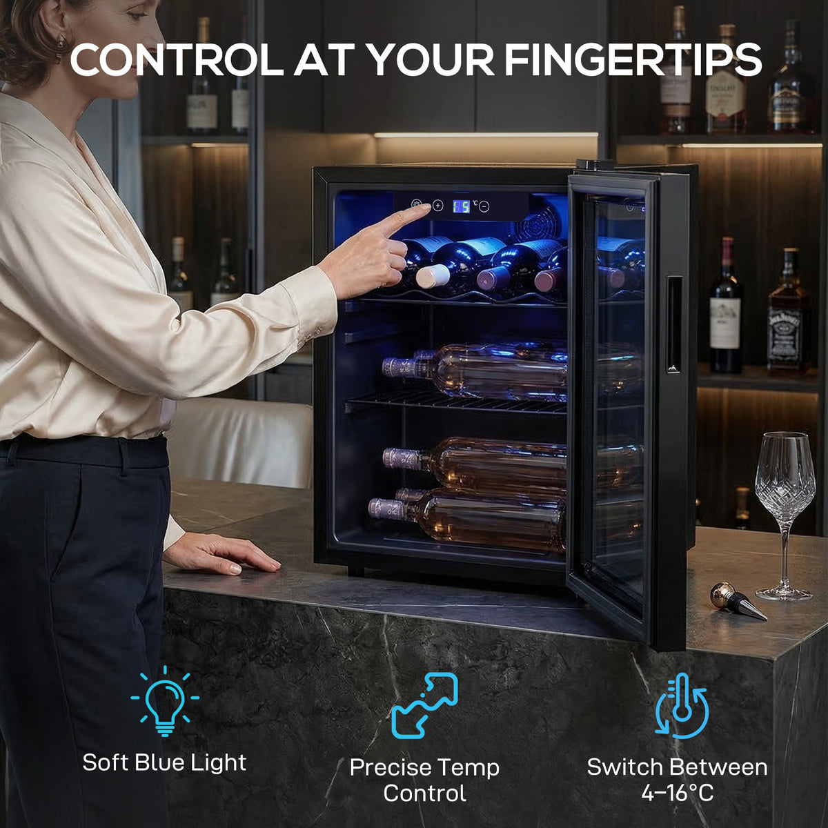 HOMCOM 16 Bottle Wine Cooler, 48 Litre Capacity, 4-16°C Tabletop Counter Drinks Wine Fridge with Glass Door, LED Light, Black