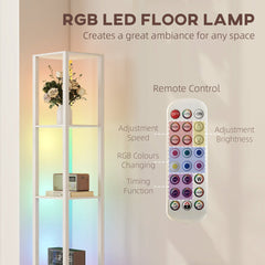 HOMCOM RGB LED Floor Lamp with Shelves, Modern Dimmable Standing Lamp with Remote Control, Adjustable Brightness & Speed for Living Room, Bedroom, Office, White