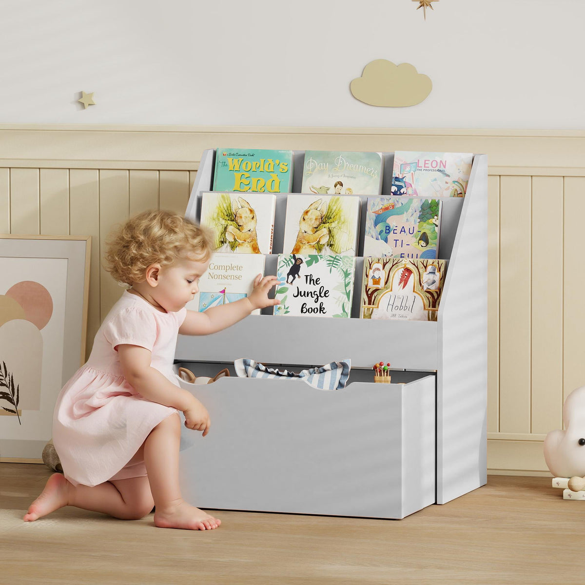 AIYAPLAY Bookcase for Kids with Shelves, Drawer, Bookcase for Bedroom, Playroom, Grey