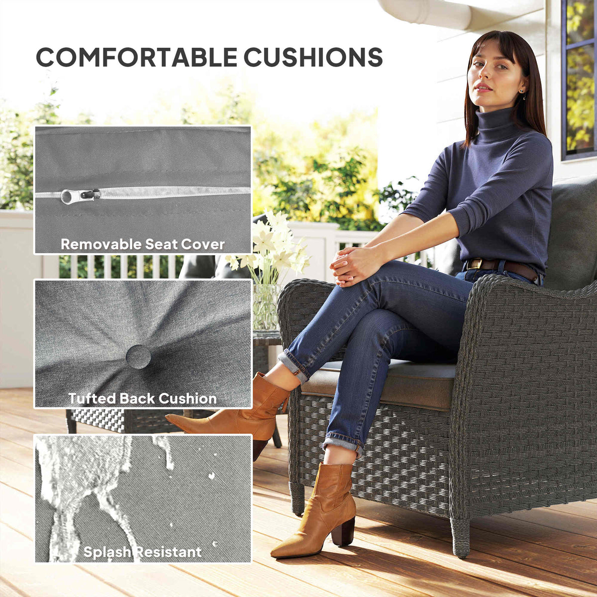 Outsunny Rattan Garden Chairs Set of 2, Outdoor Rattan Chairs with Cushions, Armrests and High Back, PE Wicker Garden Armchair with Steel Frame for Balcony, Porch, Dark Grey