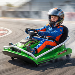 AIYAPLAY 24V Electric Go Kart for Kids with Drift Mode, 300W Brushless Motor, Soft Start and Dual Speed for Ages 6-10, Green