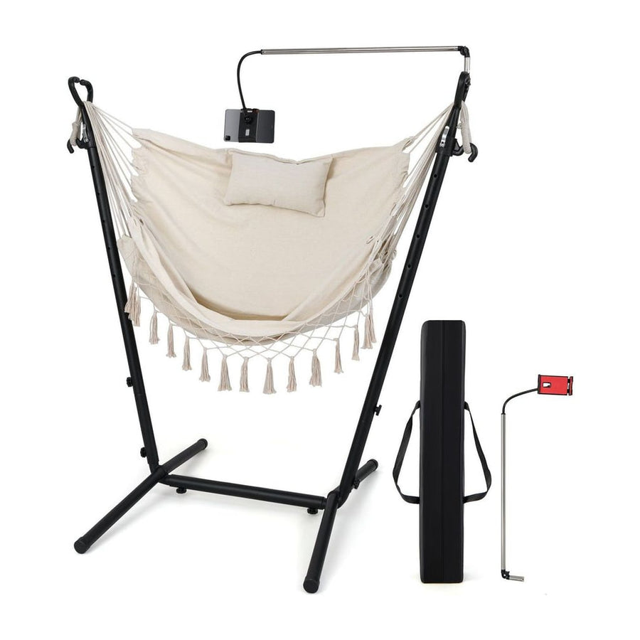 Hammock Chair with Stand and Phone Holder in beige, showing the chair, stand, and phone holder accessory