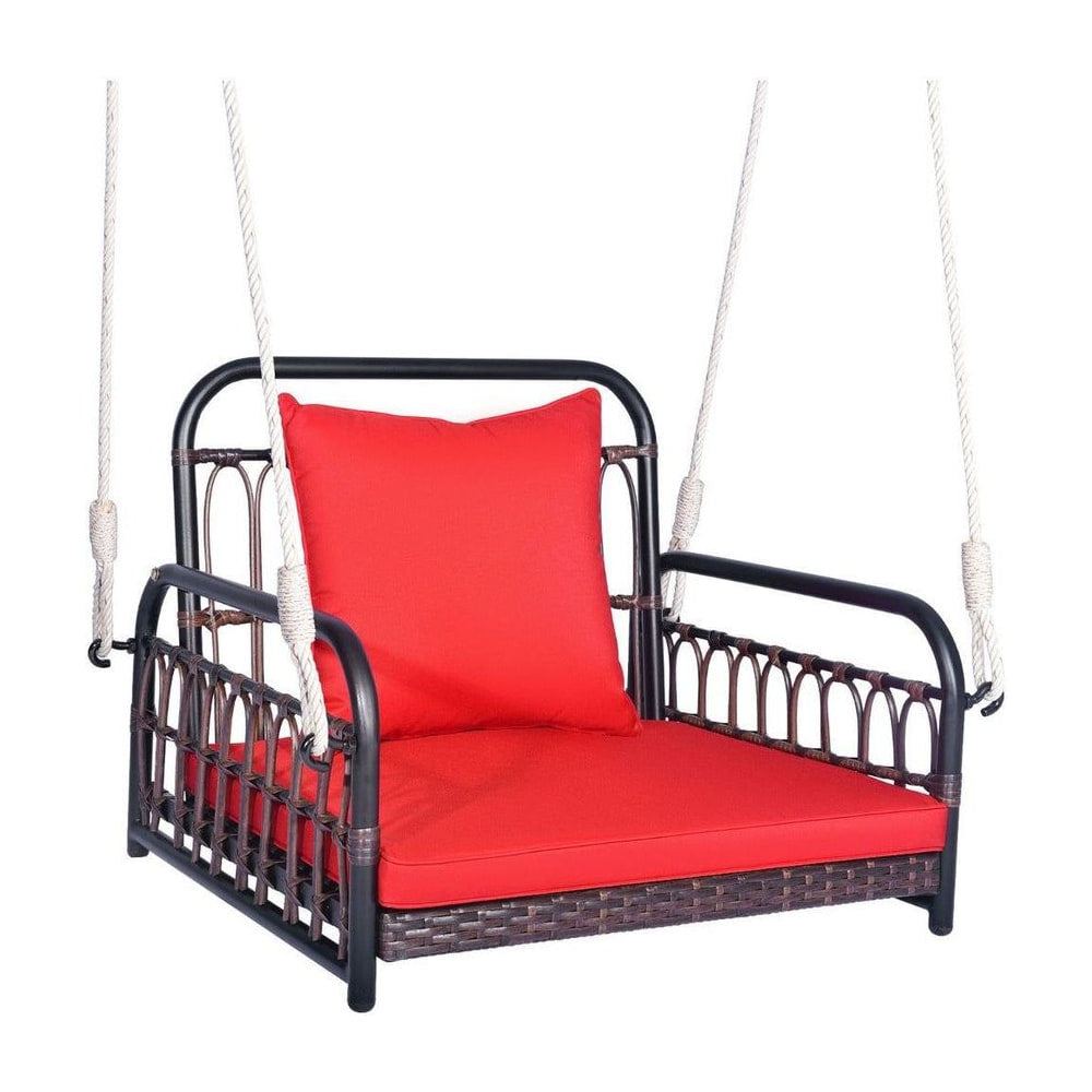 Hanging Porch Swing Chair with Back & Seat Cushion in red, a metal framed swing chair with red cushions