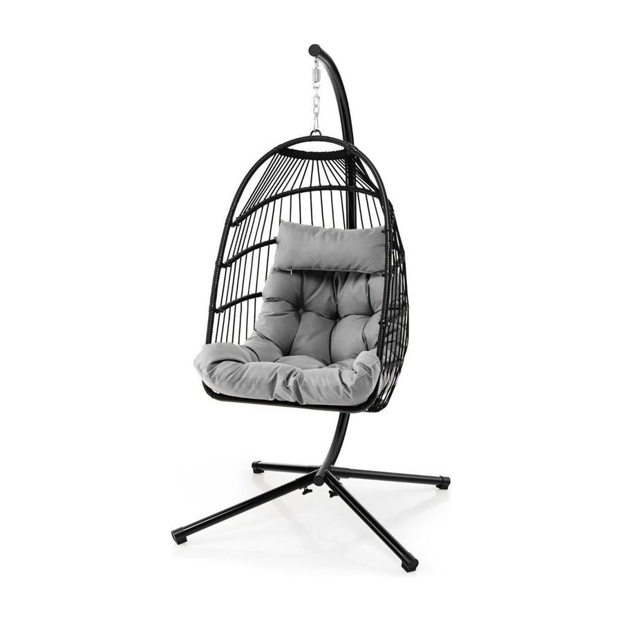 Hanging Swing Egg Chair with grey cushion and head pillow on a black metal stand