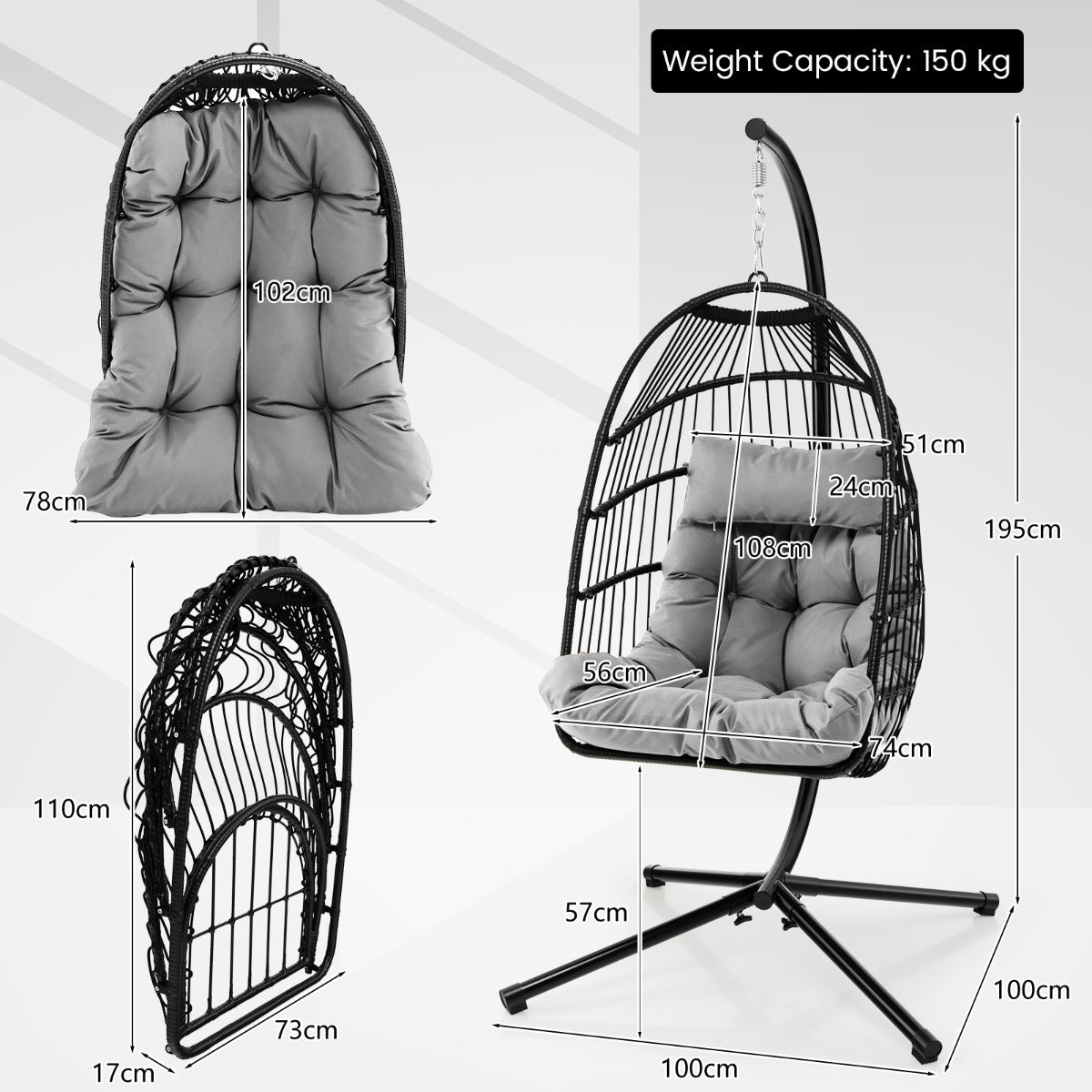 Hanging Swing Egg Chair with Stand Cozy Head Pillow Cushion-Grey
