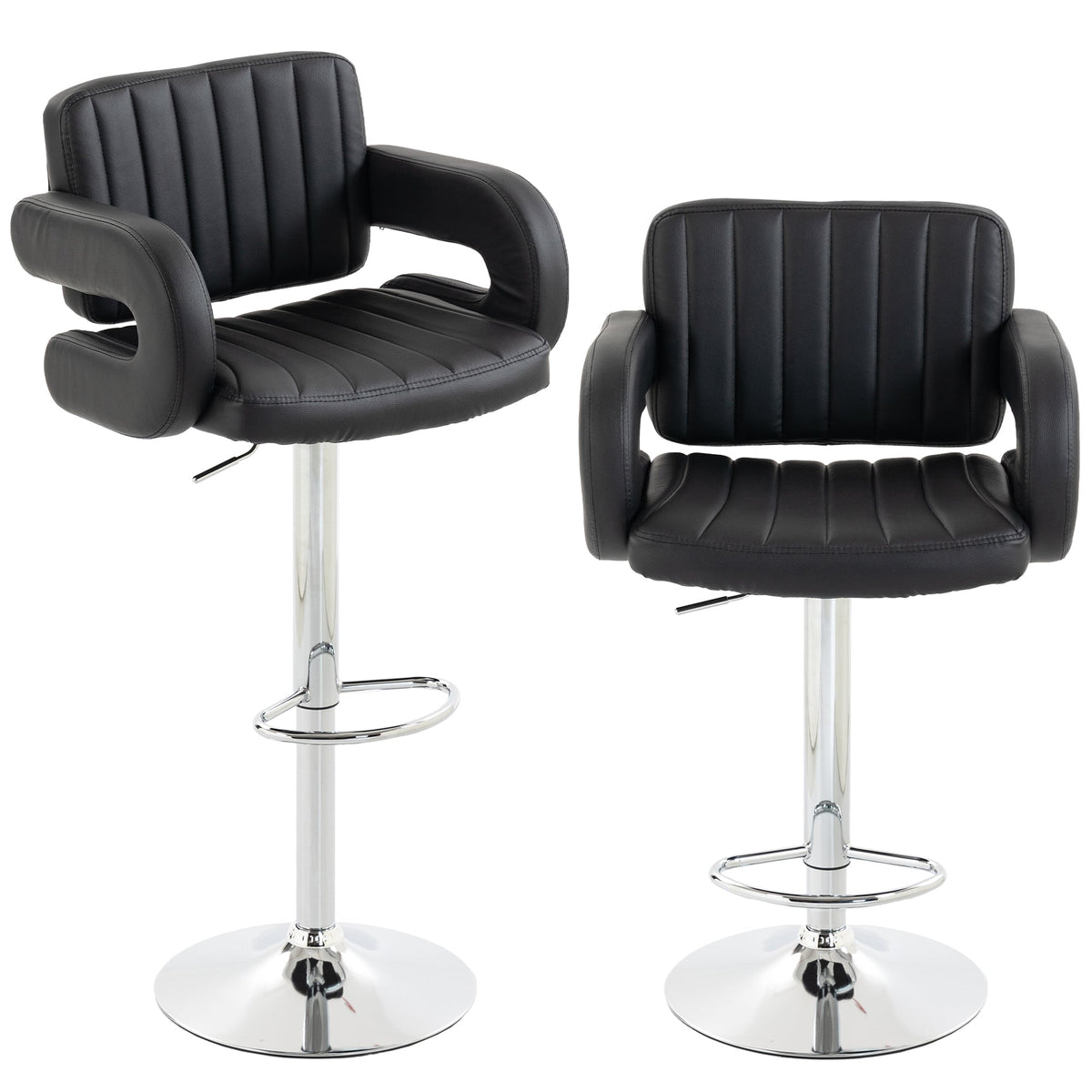 HOMCOM Bar Stools Adjustable Swivel Kitchen Chairs with Backrest Armrest Set of 2 PU Leather Black