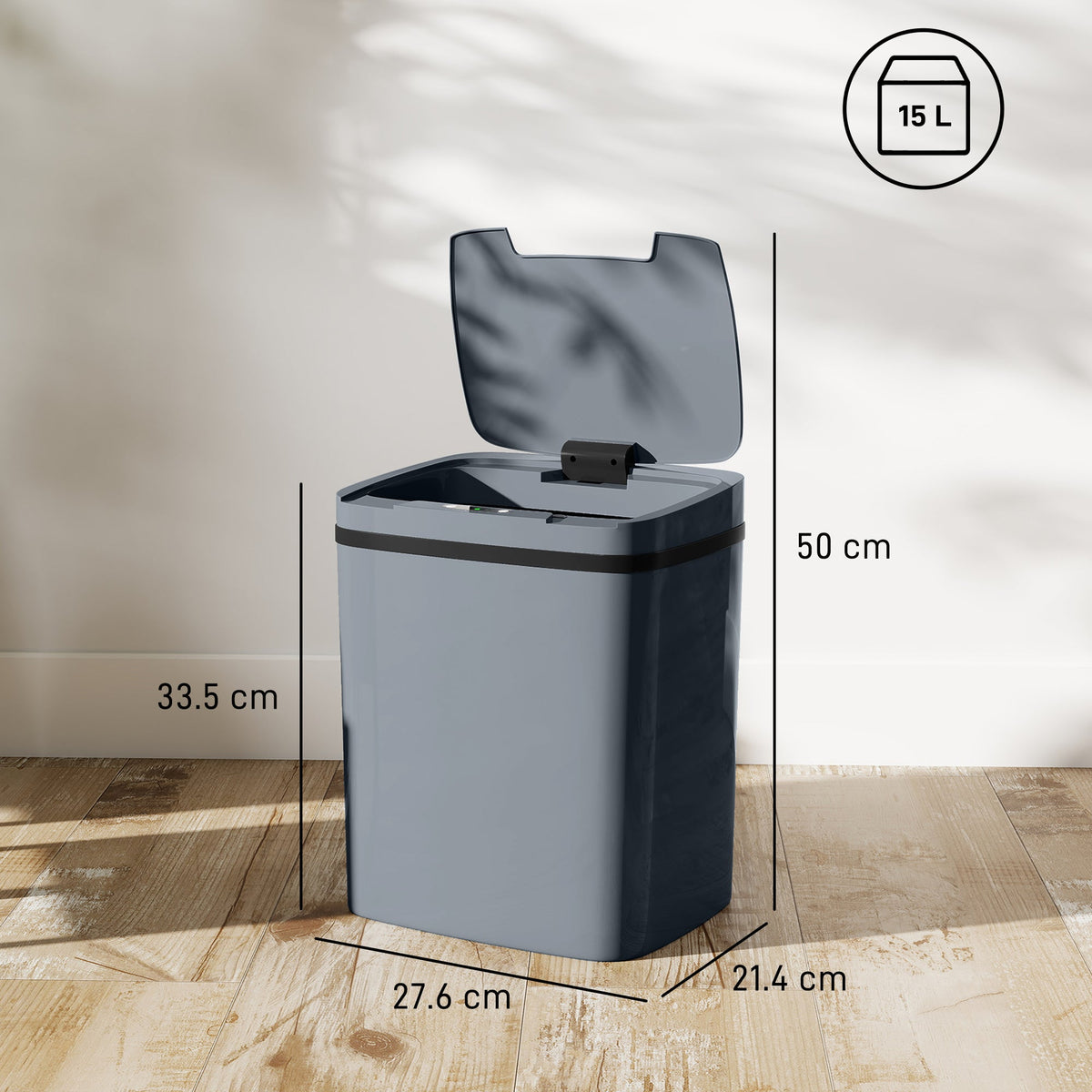 HOMCOM 15L Sensor Bin, Automatic Touchless Kitchen Bin, Easy Clean, Battery Operated for Home Office, Bedroom, Bathroom, Grey