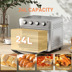 the air fryer oven with a graphic showing its 24L capacity and examples of food that can be cooked