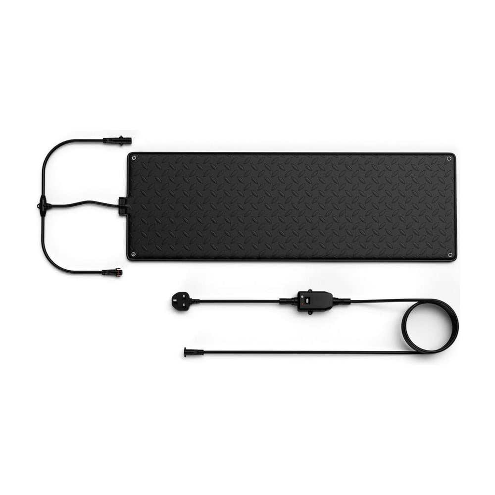 Heated Outdoor Mat with Non-Slip Rubber and Leak-Proof Plug, a black rectangular mat with cables attached